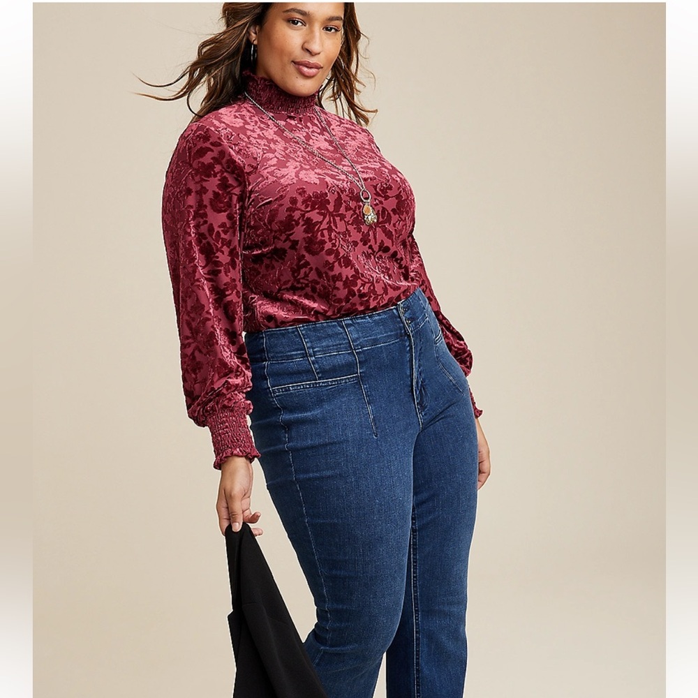Maurices Velvet Floral Burnout Mock Neck Top Deep Red Size XXL - Picture 8 of 9